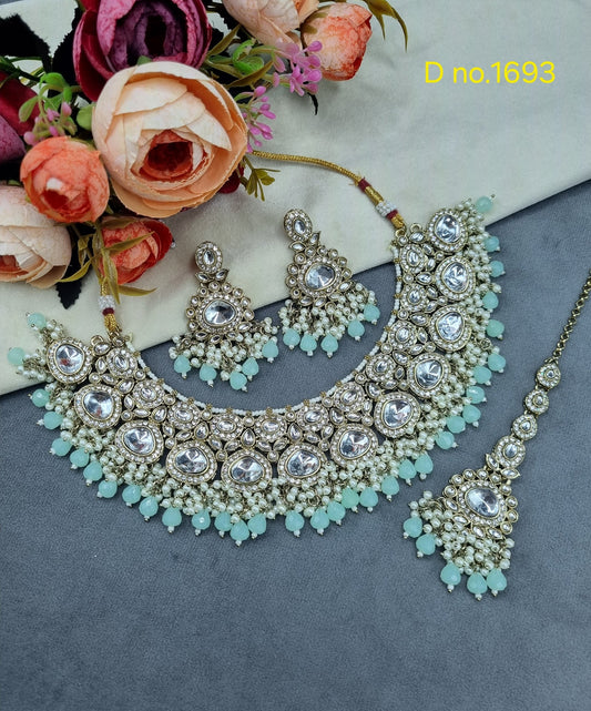 Heavy  Choker Necklace Set with Pearl Cluster Detailing & Maang Tikka