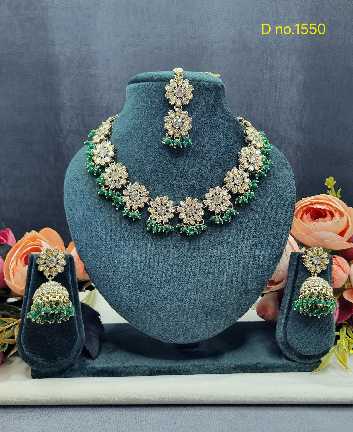Floral Necklace Set with Matching Jhumkas & Maang Tikka