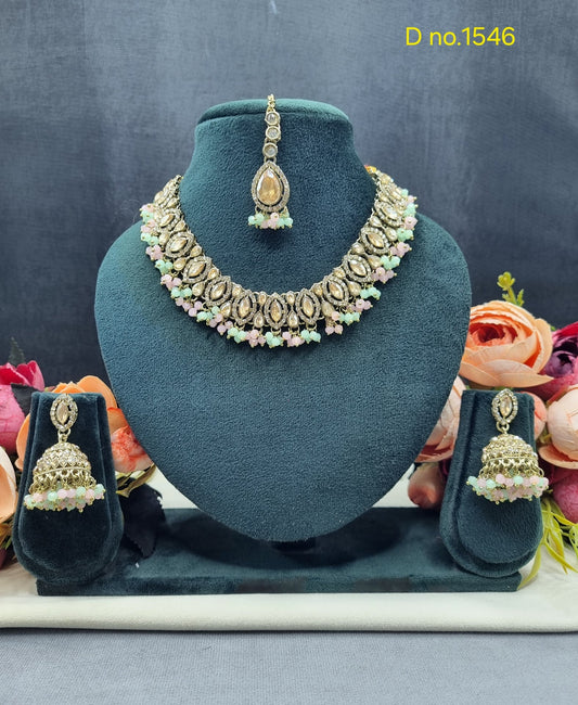 Teardrop Choker Necklace Set with Jhumkas & Maang Tikka