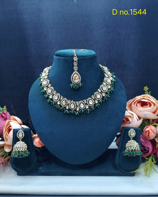 Zricon Dual-Row Collar Necklace Set with Jhumkas & Maang Tikka