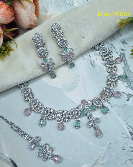 Floral Choker CZ Necklace Set with Maang Tikka & Earrings