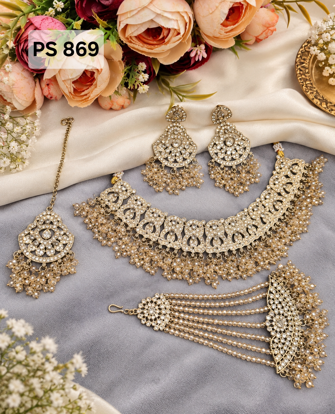 Antique Gold-Finish Bridal Choker Necklace Set with Earrings, Maang Tikka & Passa