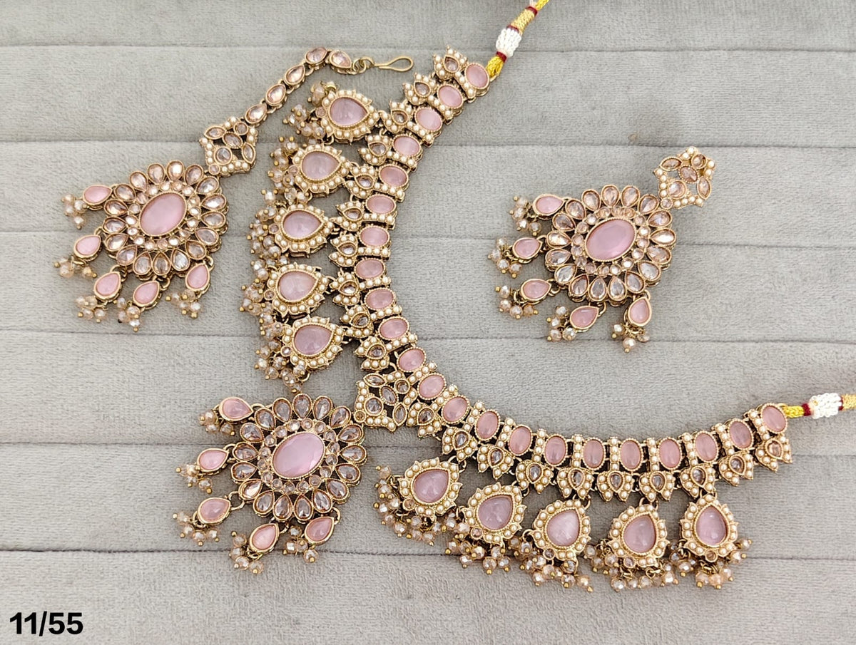 Heritage Pearl Cluster Drop Choker Necklace Set with Matching Studs & Tikka