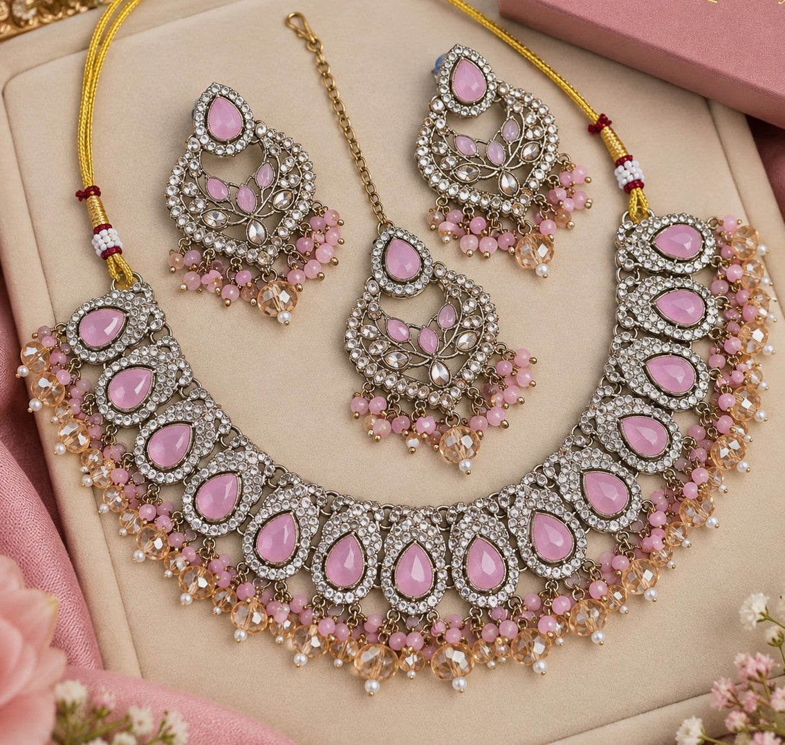 Teardrop Stone Choker Necklace Set with Earrings & Tikka