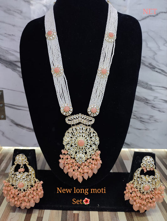 Peach Long Moti Necklace Set