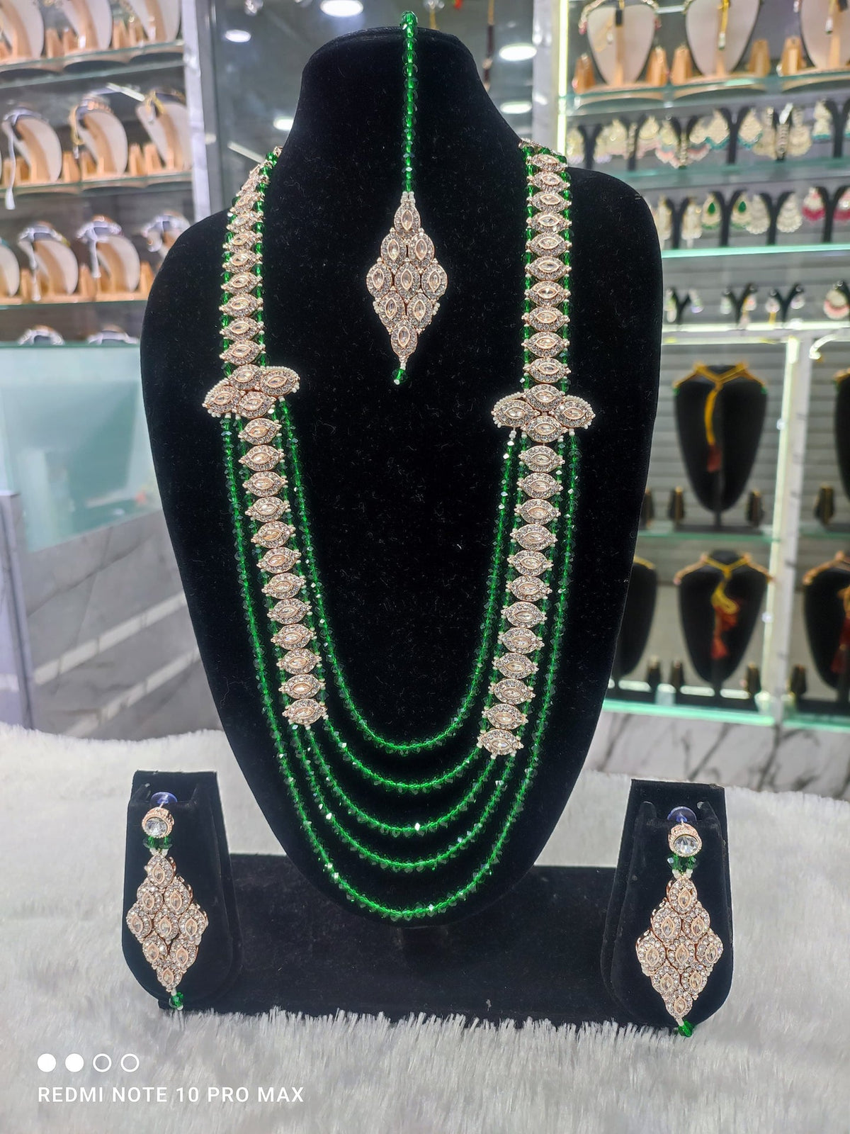 Multi-Layer Crystal Bead Long Mala Set with Floral CZ Motifs, Earrings & Maang Tikka