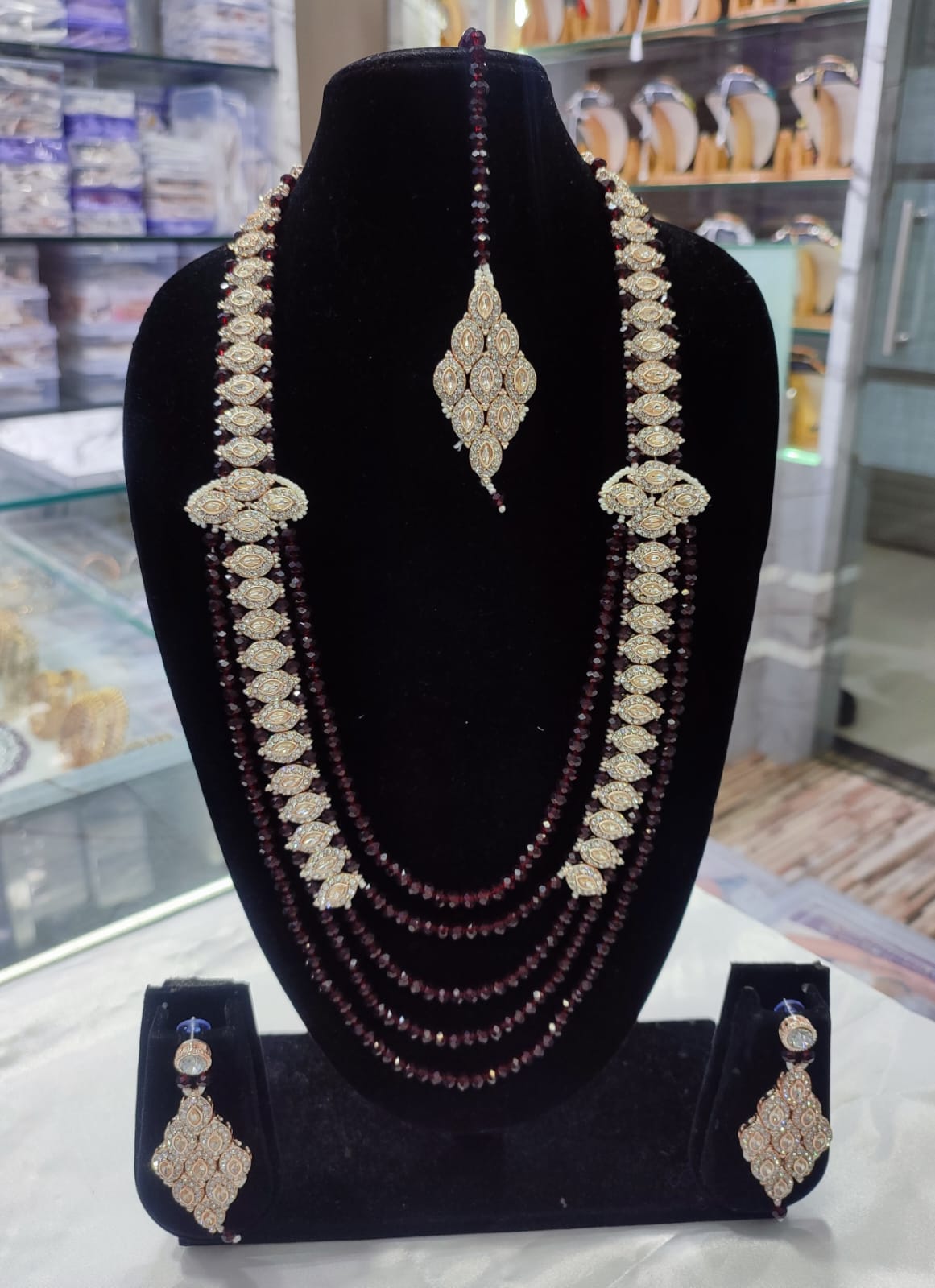 Multi-Layer Crystal Bead Long Mala Set with Floral CZ Motifs, Earrings & Maang Tikka