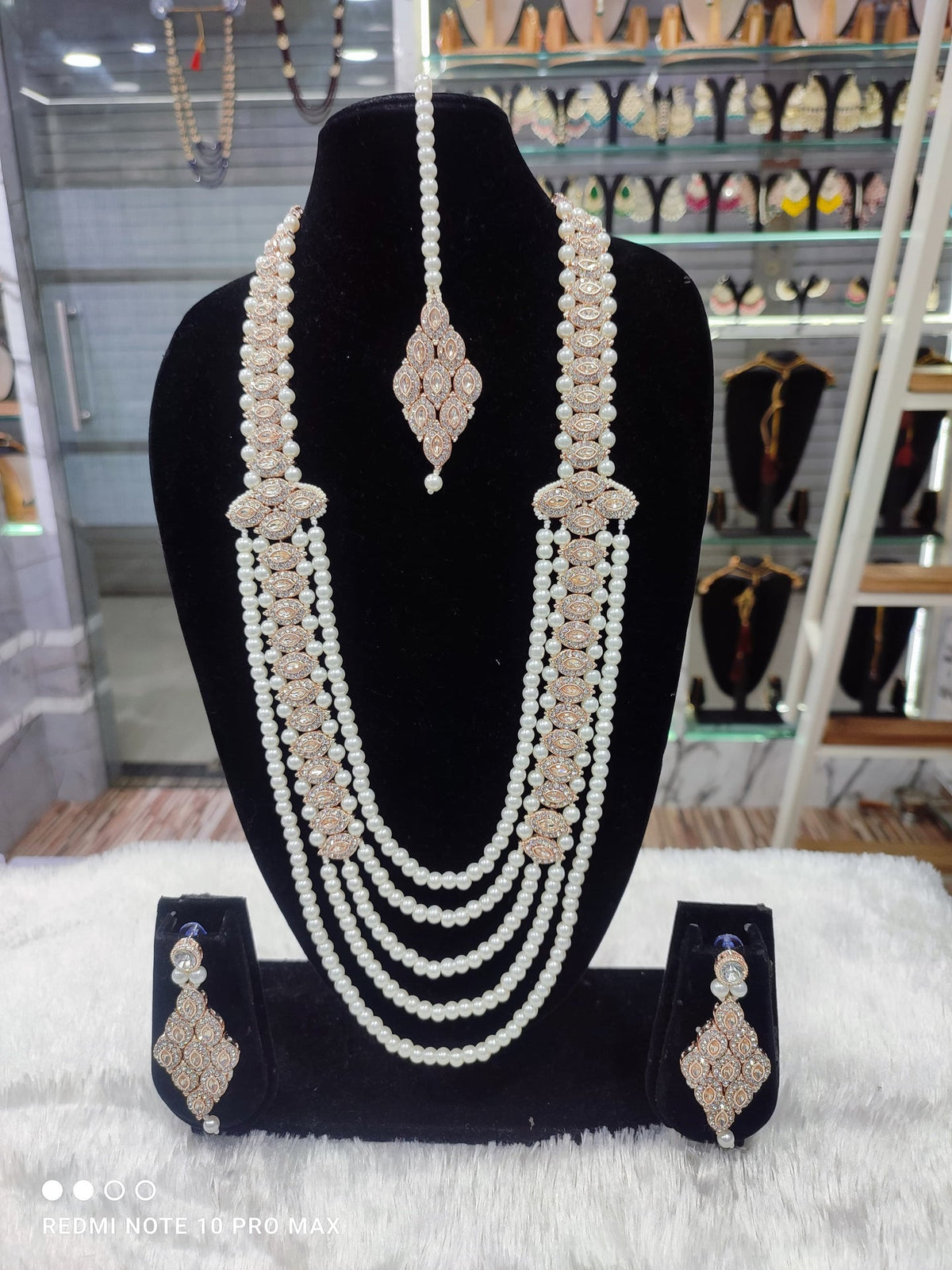 Multi-Layer Crystal Bead Long Mala Set with Floral CZ Motifs, Earrings & Maang Tikka