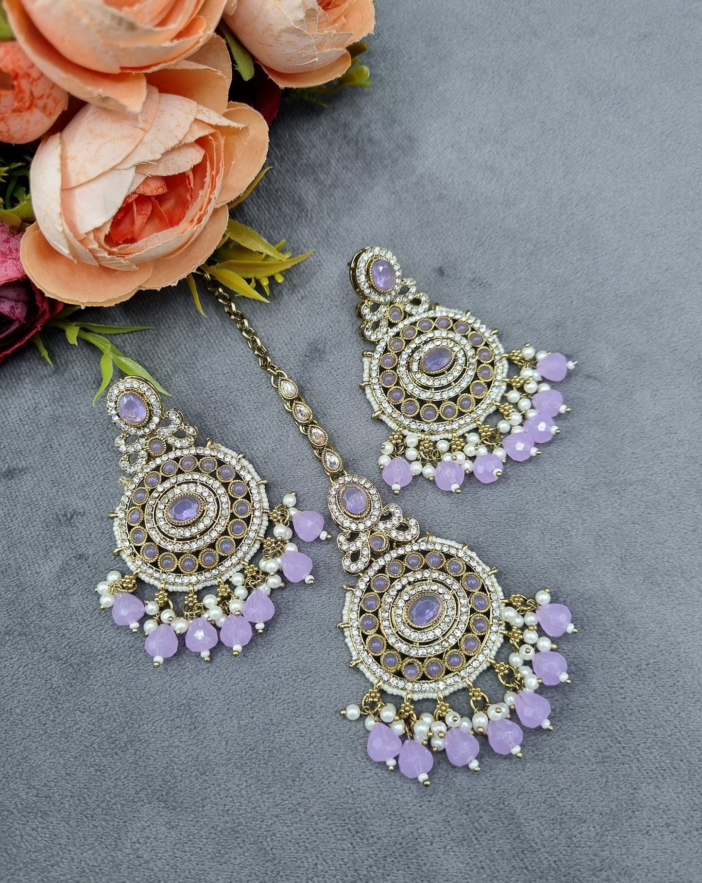 Ornate Circular Earrings & Maangtikka Set with Crystal Accents