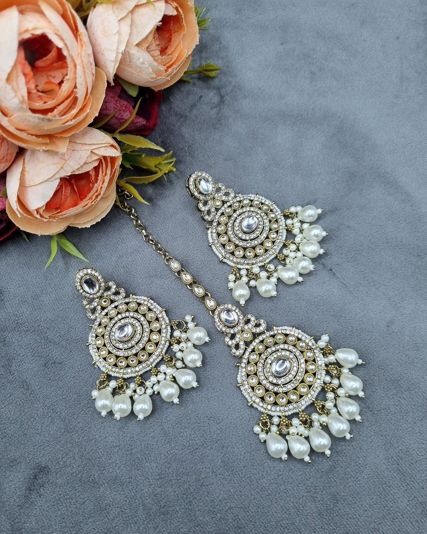 Ornate Circular Earrings & Maangtikka Set with Crystal Accents