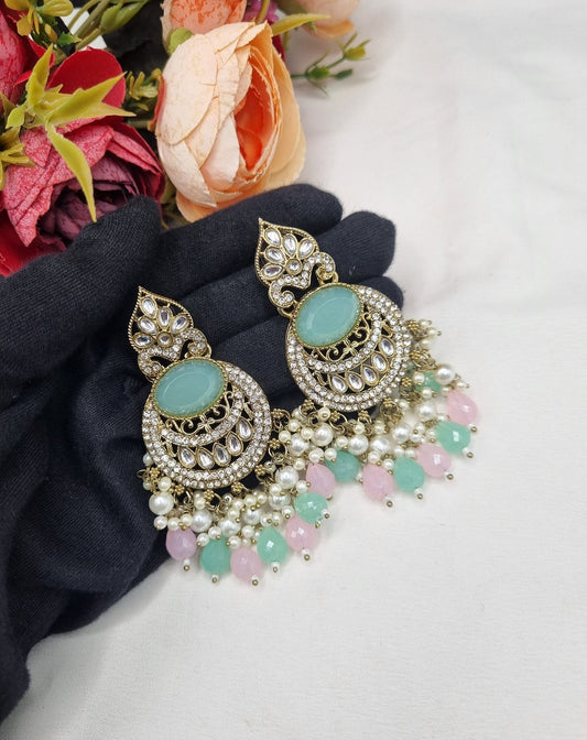 ANTIQUE GOLD CRESCENT STATEMENT CHANDBALI EARRINGS WITH PEARL & CRYSTAL BEADS