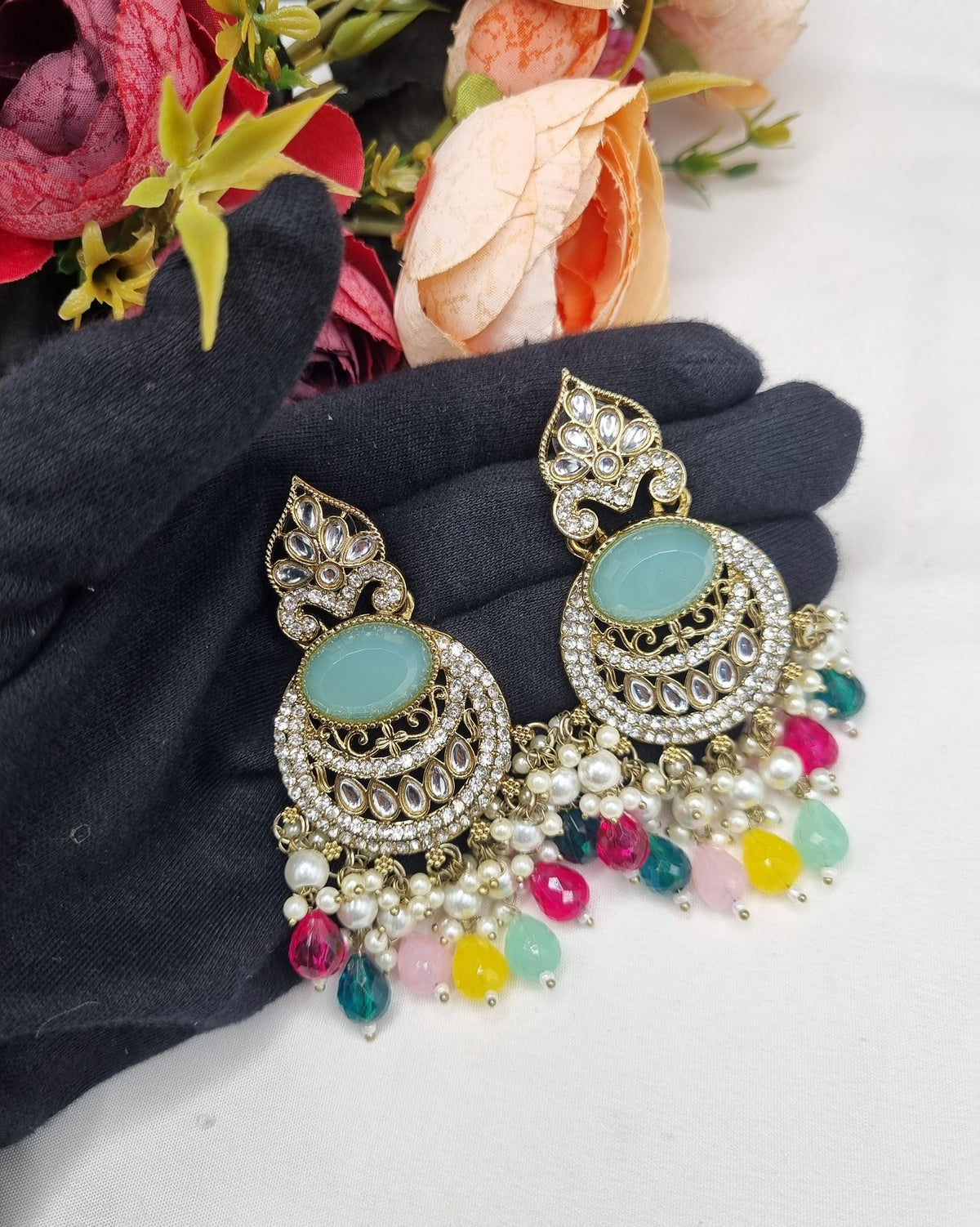 ANTIQUE GOLD CRESCENT STATEMENT CHANDBALI EARRINGS WITH PEARL & CRYSTAL BEADS