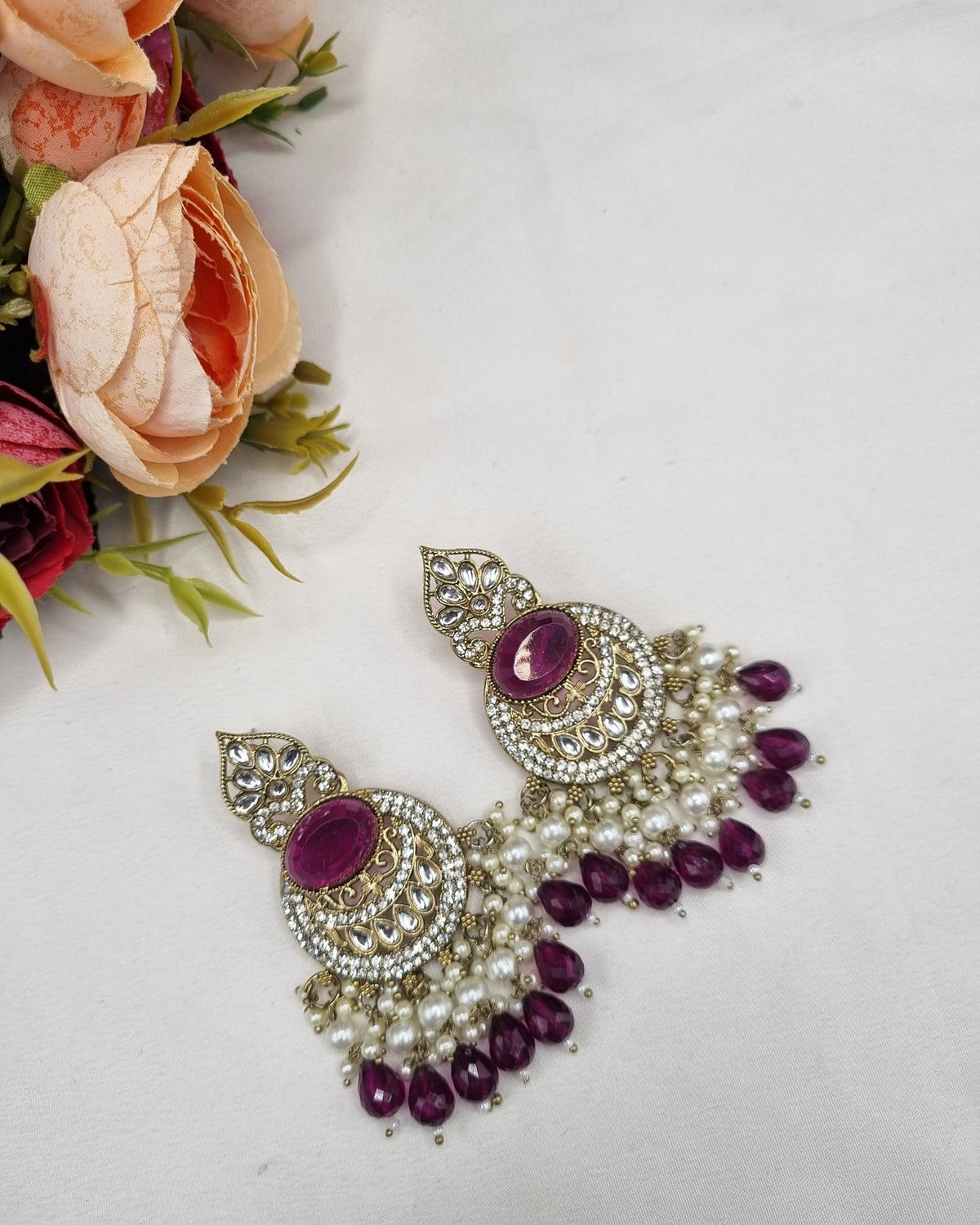ANTIQUE GOLD CRESCENT STATEMENT CHANDBALI EARRINGS WITH PEARL & CRYSTAL BEADS