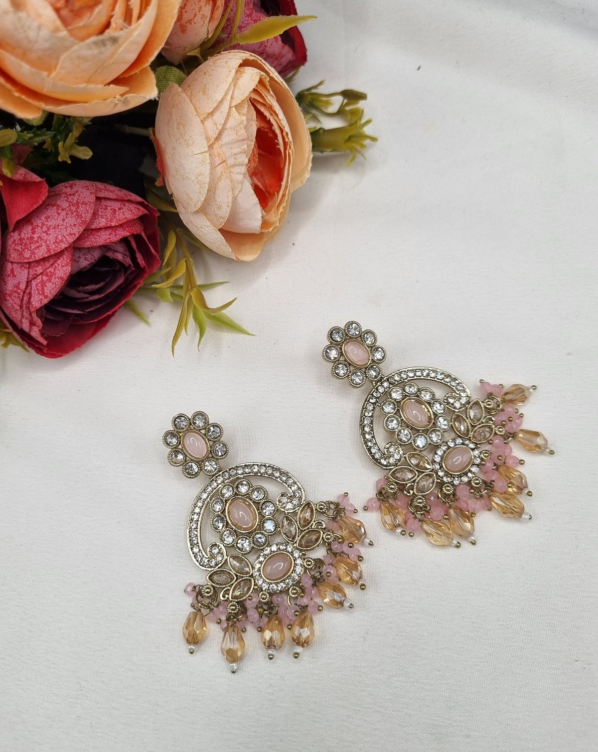 CHANDBALI STYLE DANGLE EARRINGS WITH BEAD CLUSTERS