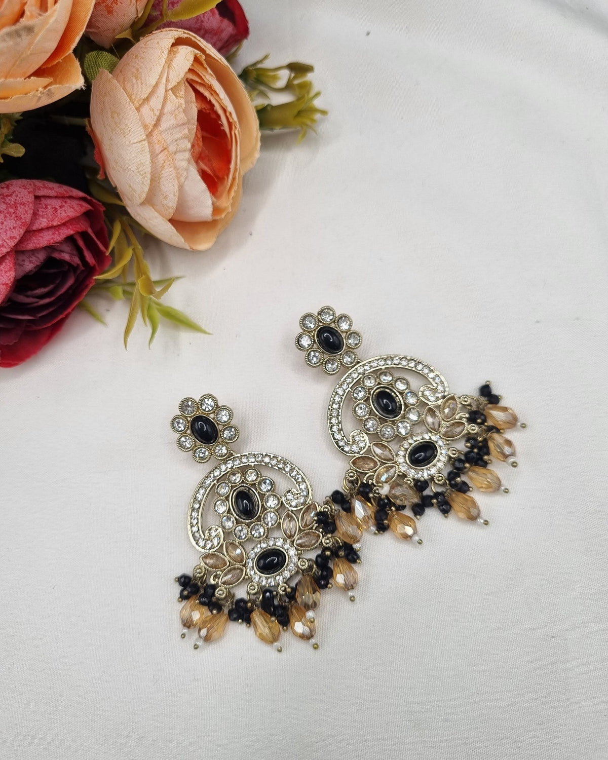 CHANDBALI STYLE DANGLE EARRINGS WITH BEAD CLUSTERS