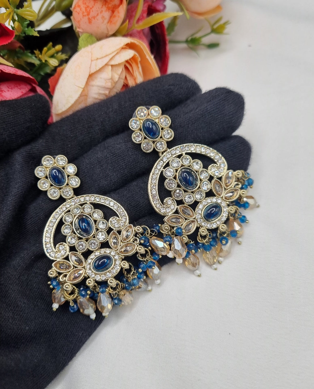 CHANDBALI STYLE DANGLE EARRINGS WITH BEAD CLUSTERS