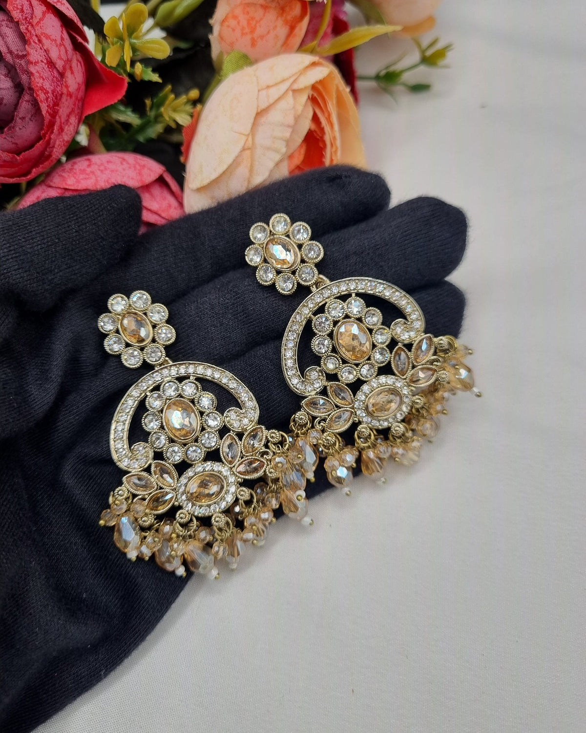CHANDBALI STYLE DANGLE EARRINGS WITH BEAD CLUSTERS