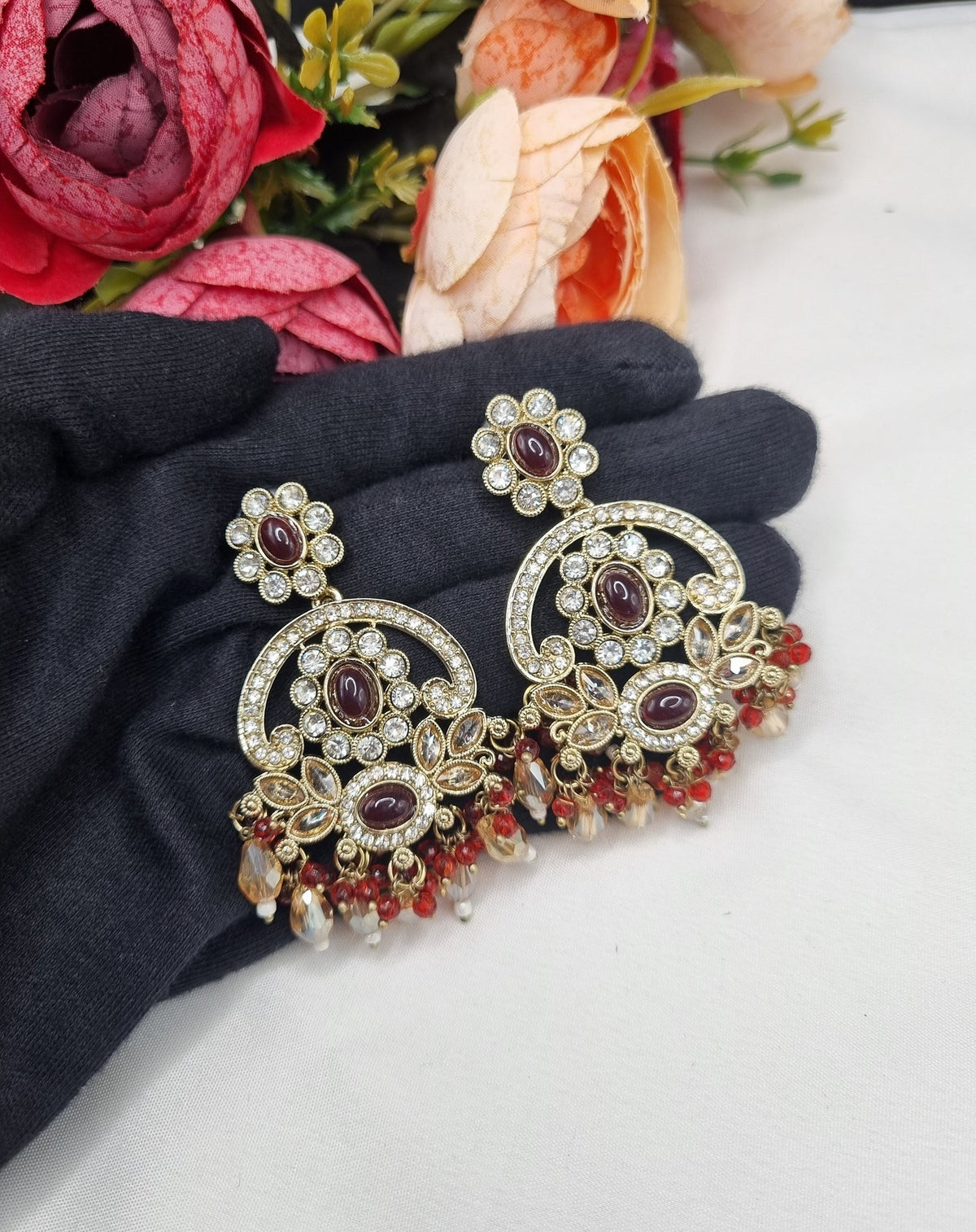 CHANDBALI STYLE DANGLE EARRINGS WITH BEAD CLUSTERS