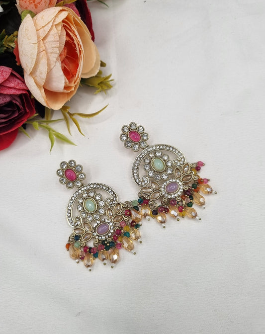 CHANDBALI STYLE DANGLE EARRINGS WITH BEAD CLUSTERS