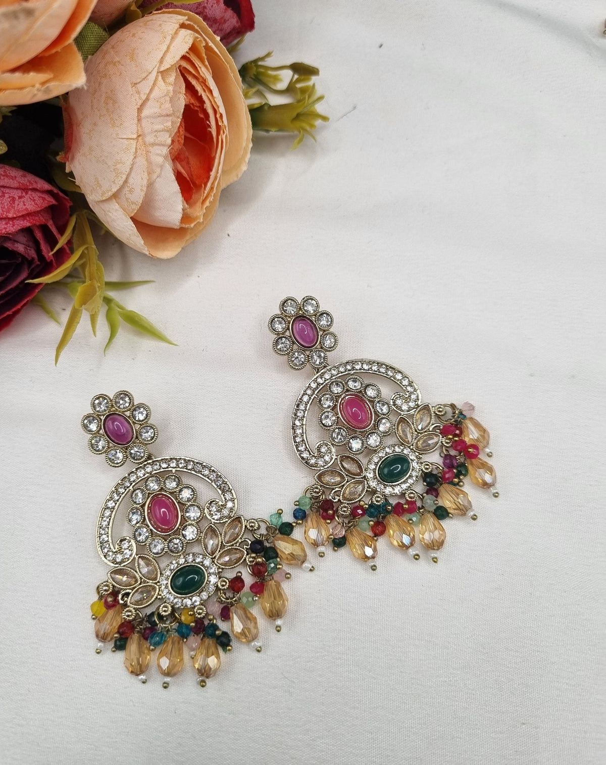 CHANDBALI STYLE DANGLE EARRINGS WITH BEAD CLUSTERS