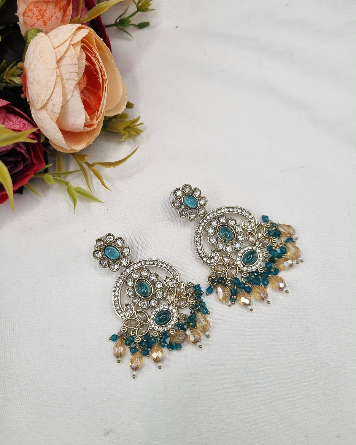 CHANDBALI STYLE DANGLE EARRINGS WITH BEAD CLUSTERS