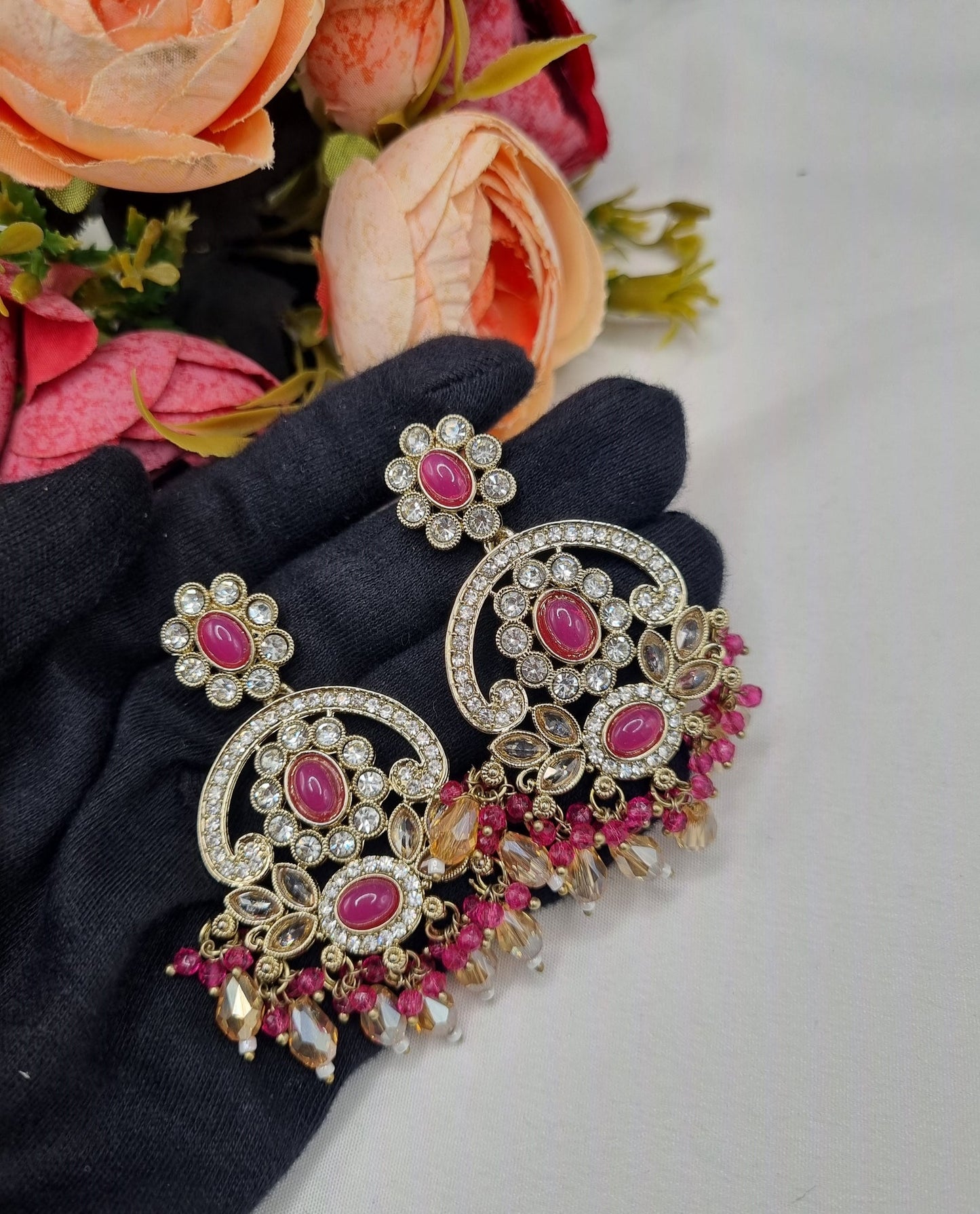 CHANDBALI STYLE DANGLE EARRINGS WITH BEAD CLUSTERS