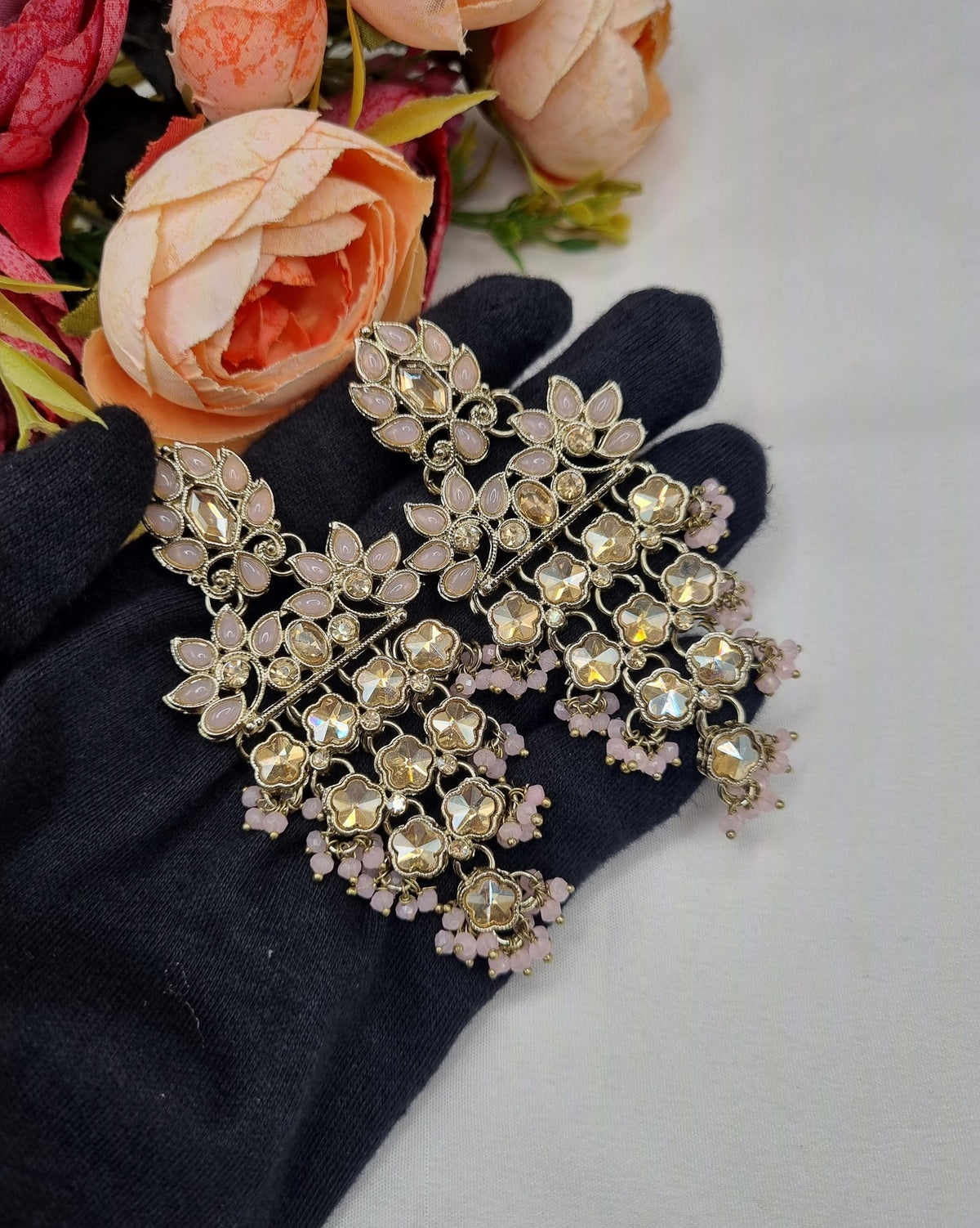 ANTIQUE GOLD TIERED CHANDELIER EARRINGS WITH CRYSTAL MOTIFS & PEARL DROPLETS