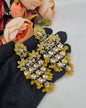 ANTIQUE GOLD TIERED CHANDELIER EARRINGS WITH CRYSTAL MOTIFS & PEARL DROPLETS