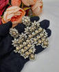 ANTIQUE GOLD TIERED CHANDELIER EARRINGS WITH CRYSTAL MOTIFS & PEARL DROPLETS