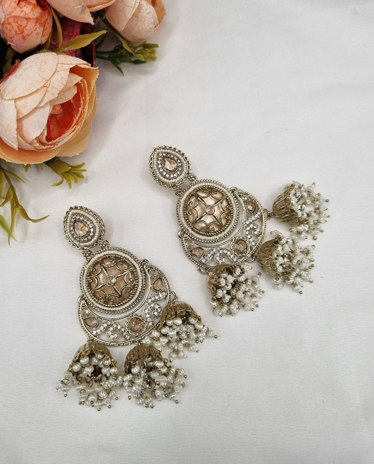 GOLD CIRCULAR JHUMKA EARRINGS WITH PEARL CLUSTERS