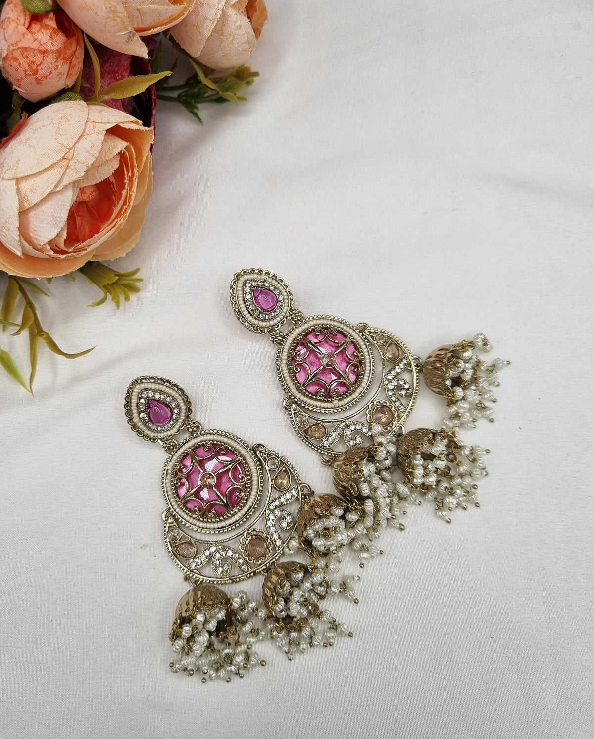 GOLD CIRCULAR JHUMKA EARRINGS WITH PEARL CLUSTERS