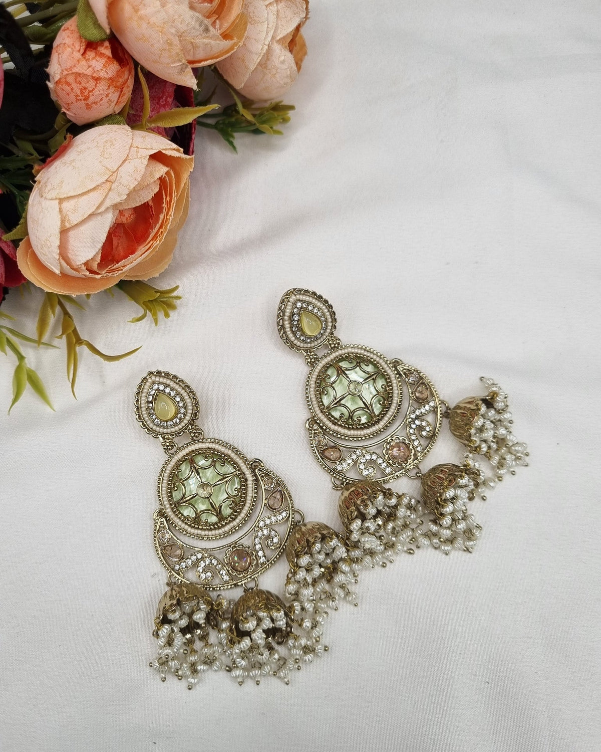 GOLD CIRCULAR JHUMKA EARRINGS WITH PEARL CLUSTERS