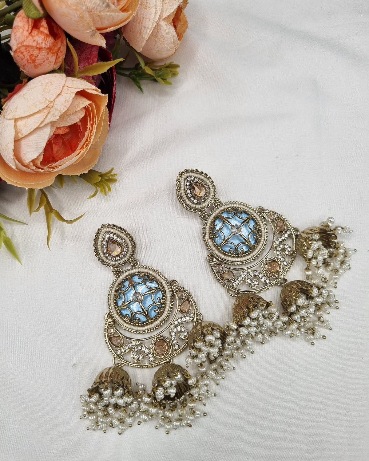 GOLD CIRCULAR JHUMKA EARRINGS WITH PEARL CLUSTERS