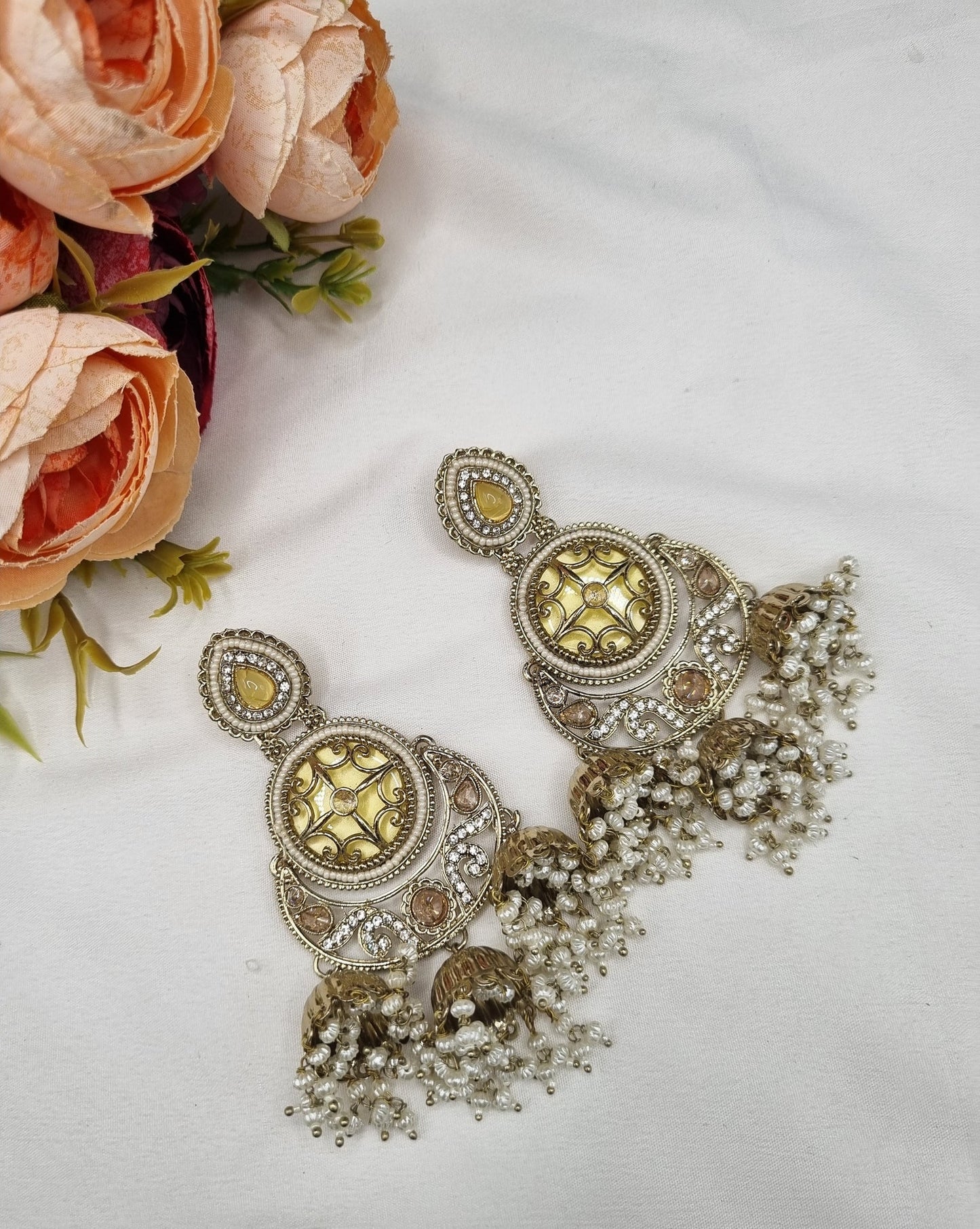 GOLD CIRCULAR JHUMKA EARRINGS WITH PEARL CLUSTERS