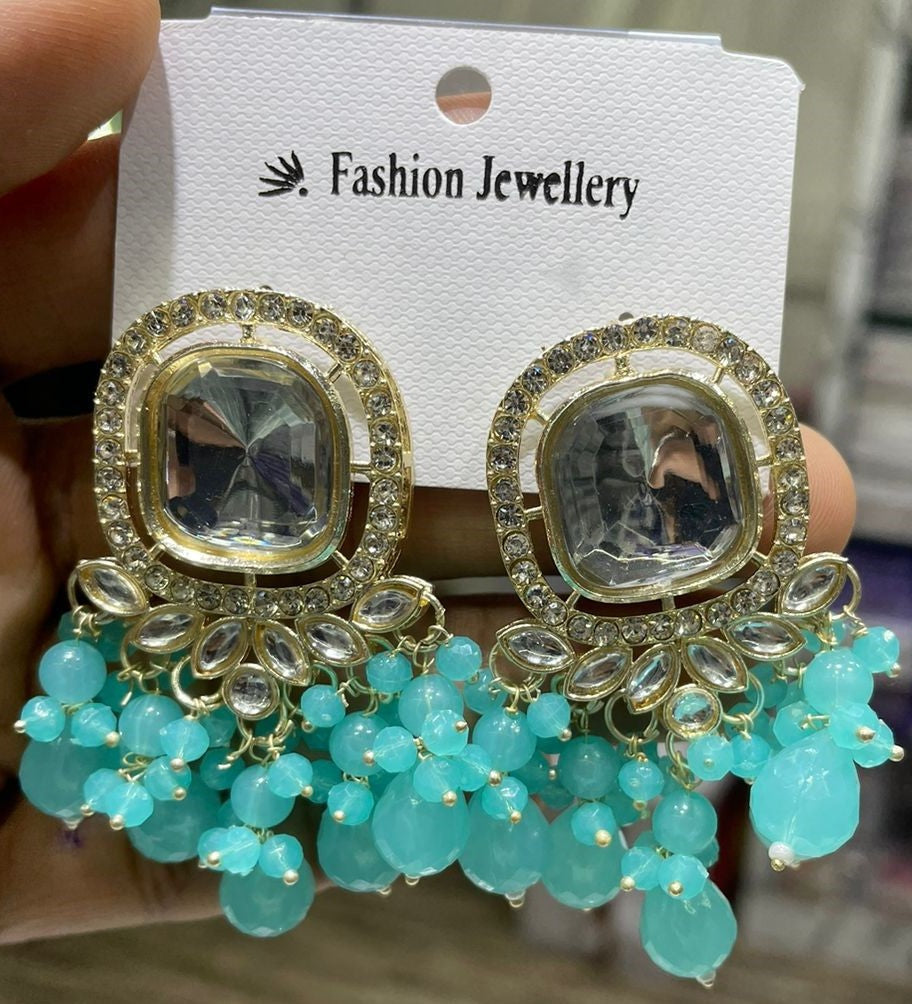 Square Kundan Earrings with Round Crystal Centerpiece Gold Plated Earrings