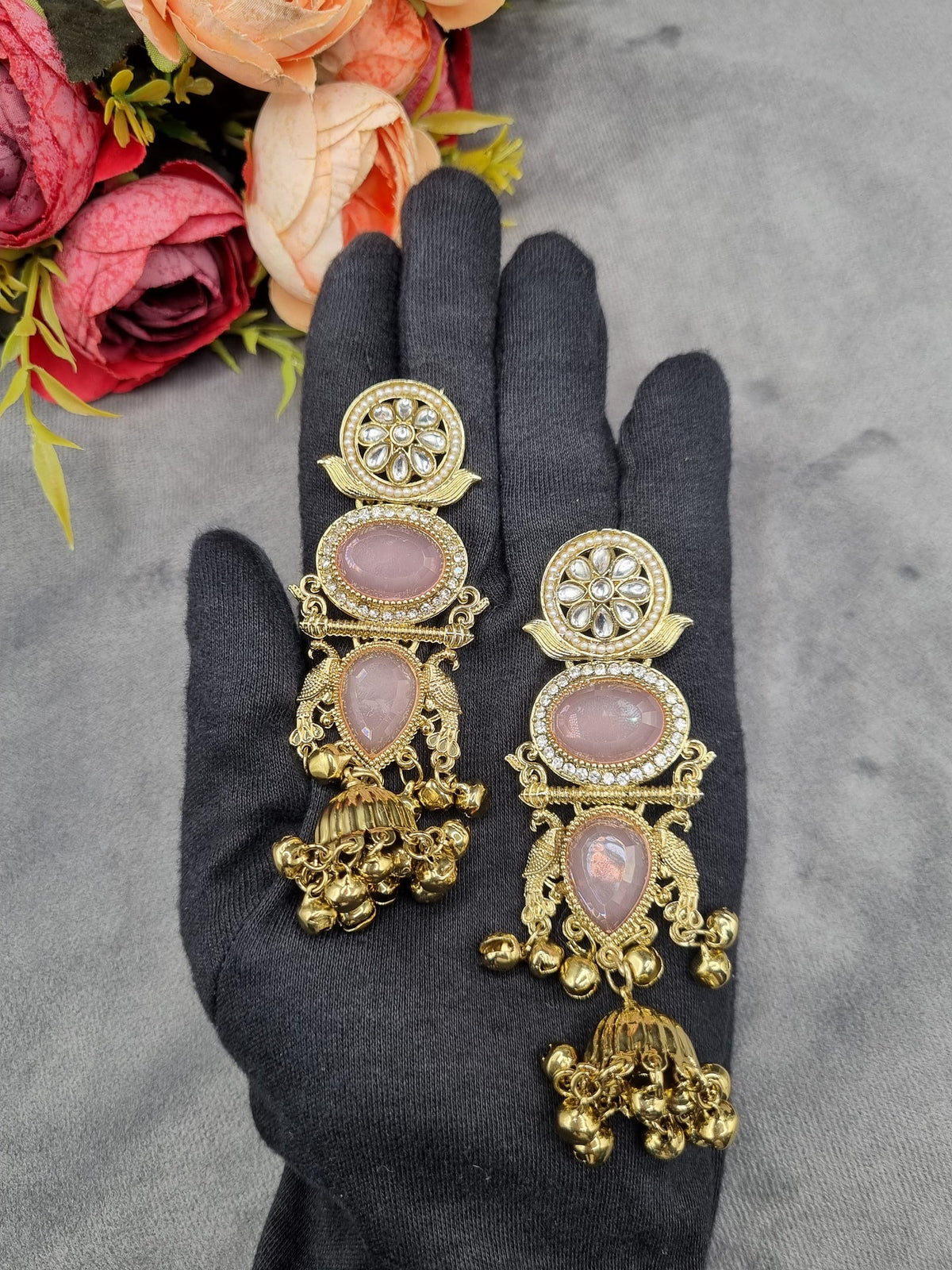 ORNATE MULTI-TIERED STONE & JHUMKA DROP EARRINGS