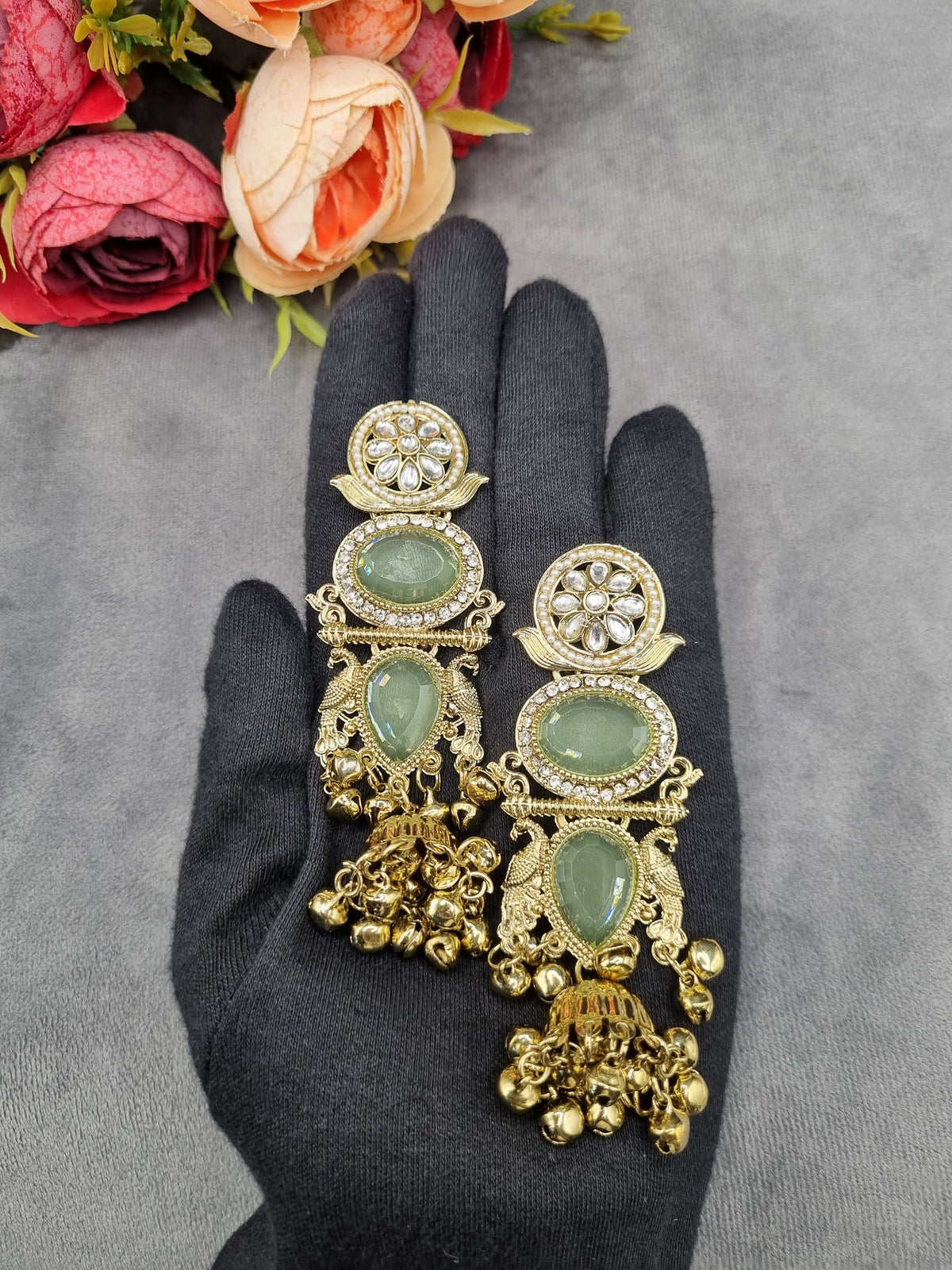 ORNATE MULTI-TIERED STONE & JHUMKA DROP EARRINGS