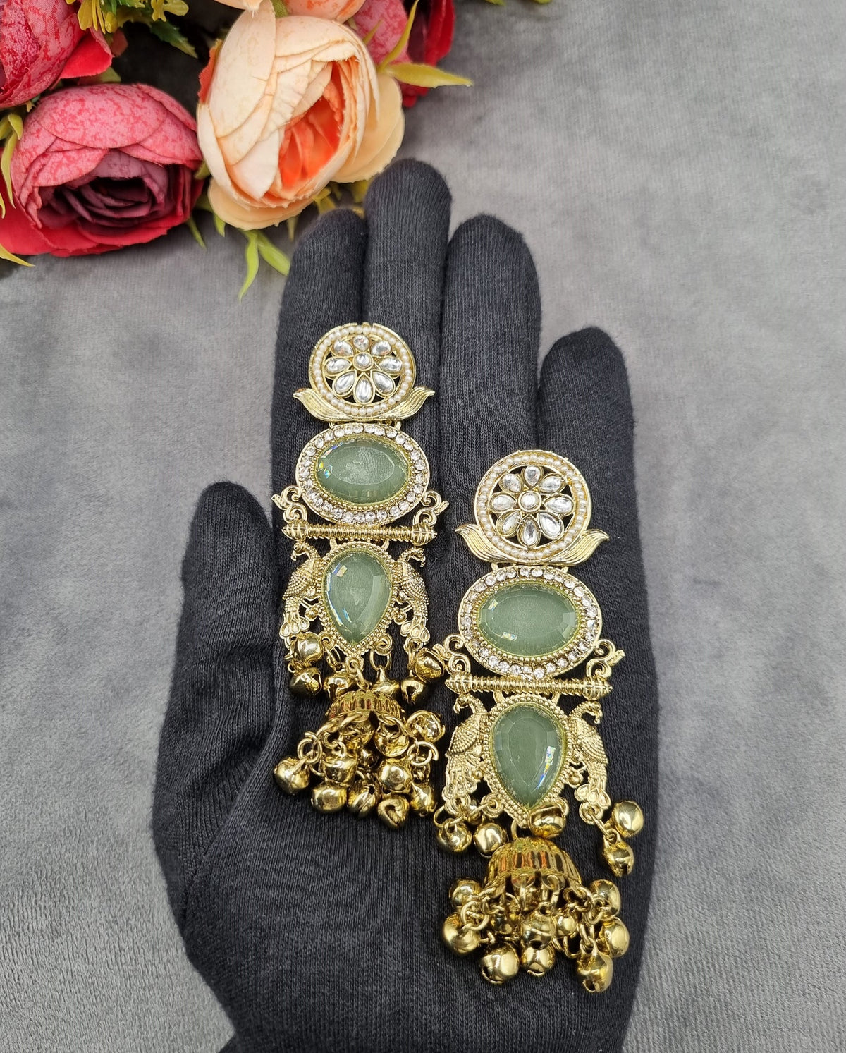 ORNATE MULTI-TIERED STONE & JHUMKA DROP EARRINGS