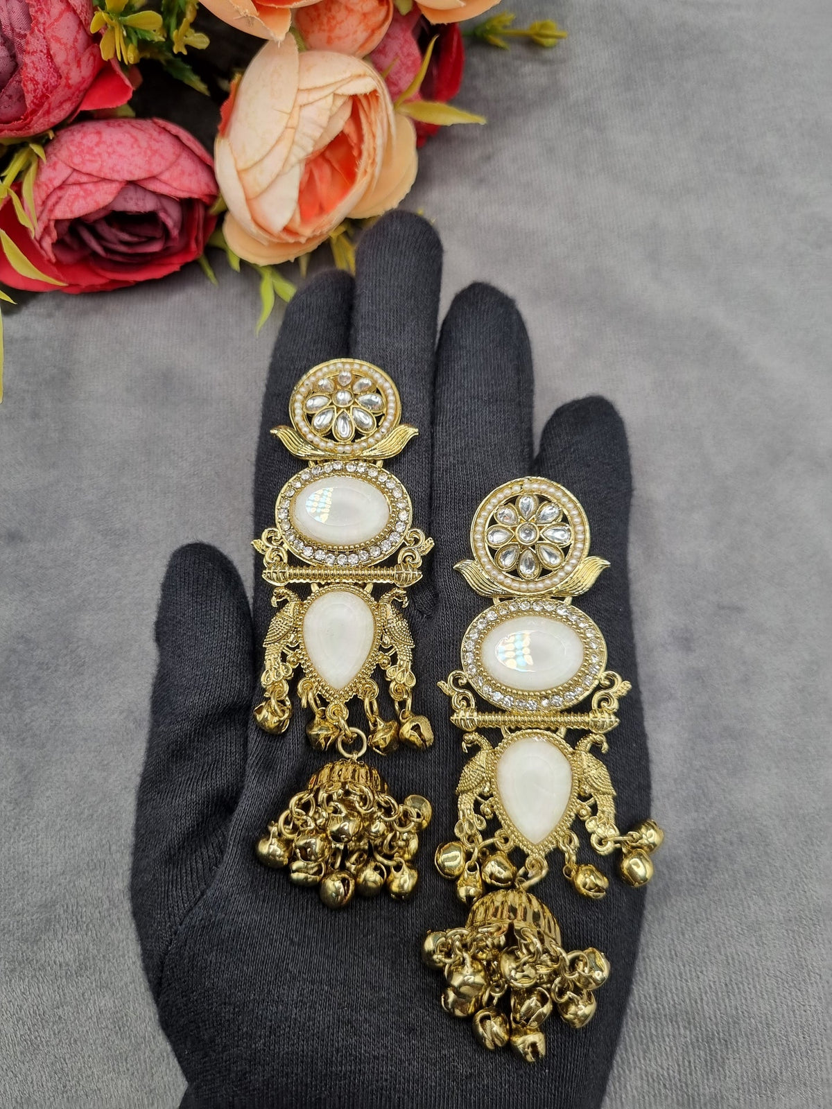 ORNATE MULTI-TIERED STONE & JHUMKA DROP EARRINGS