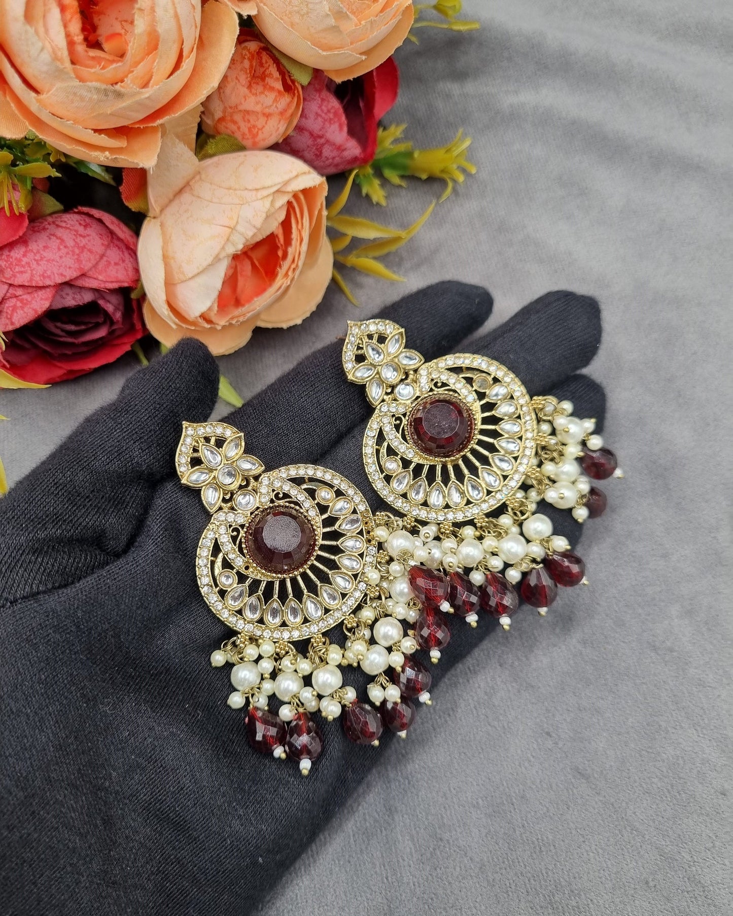 INTRICATE CHANDBALI DROP EARRINGS WITH BEAD CLUSTERS