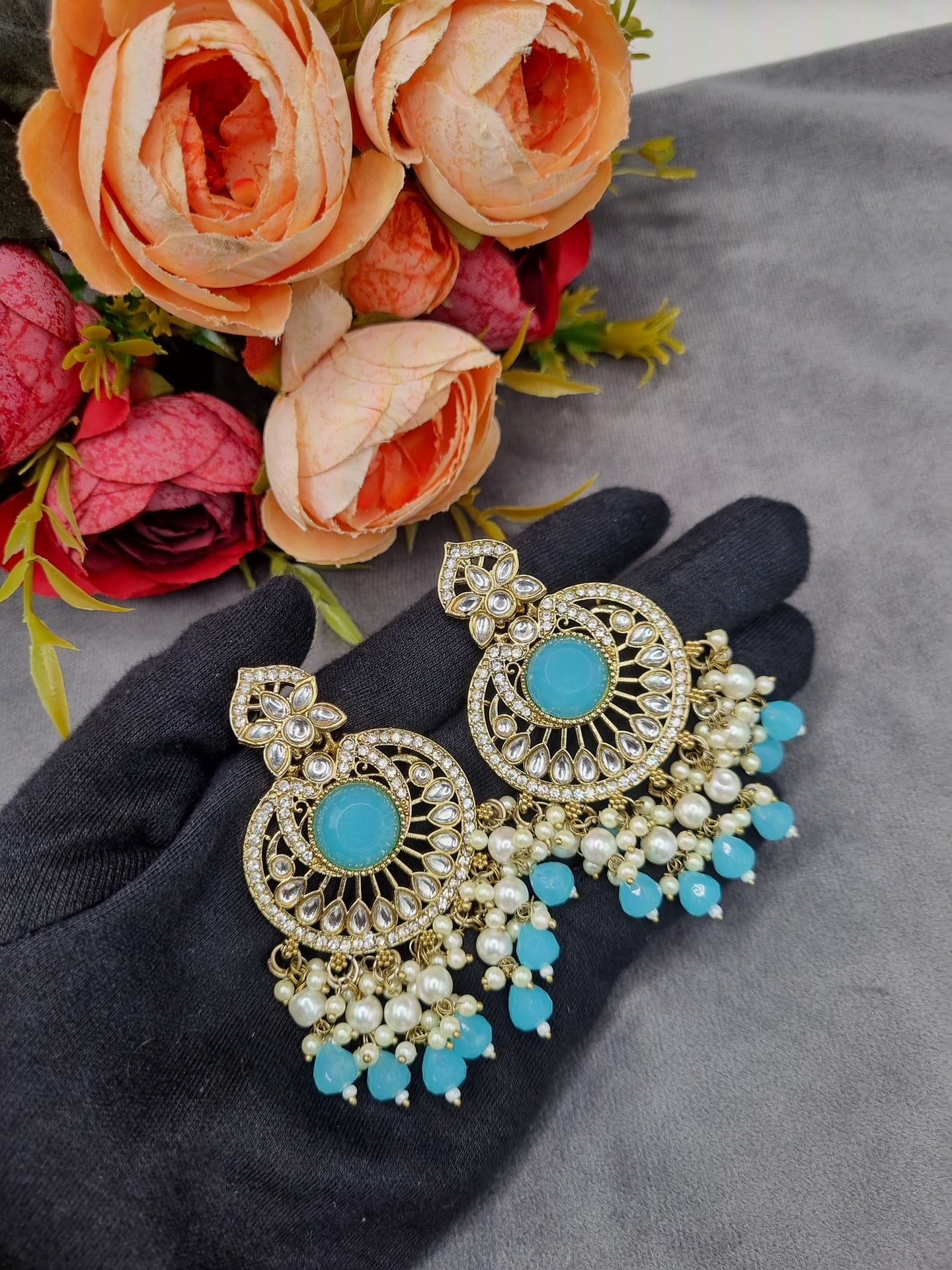 INTRICATE CHANDBALI DROP EARRINGS WITH BEAD CLUSTERS
