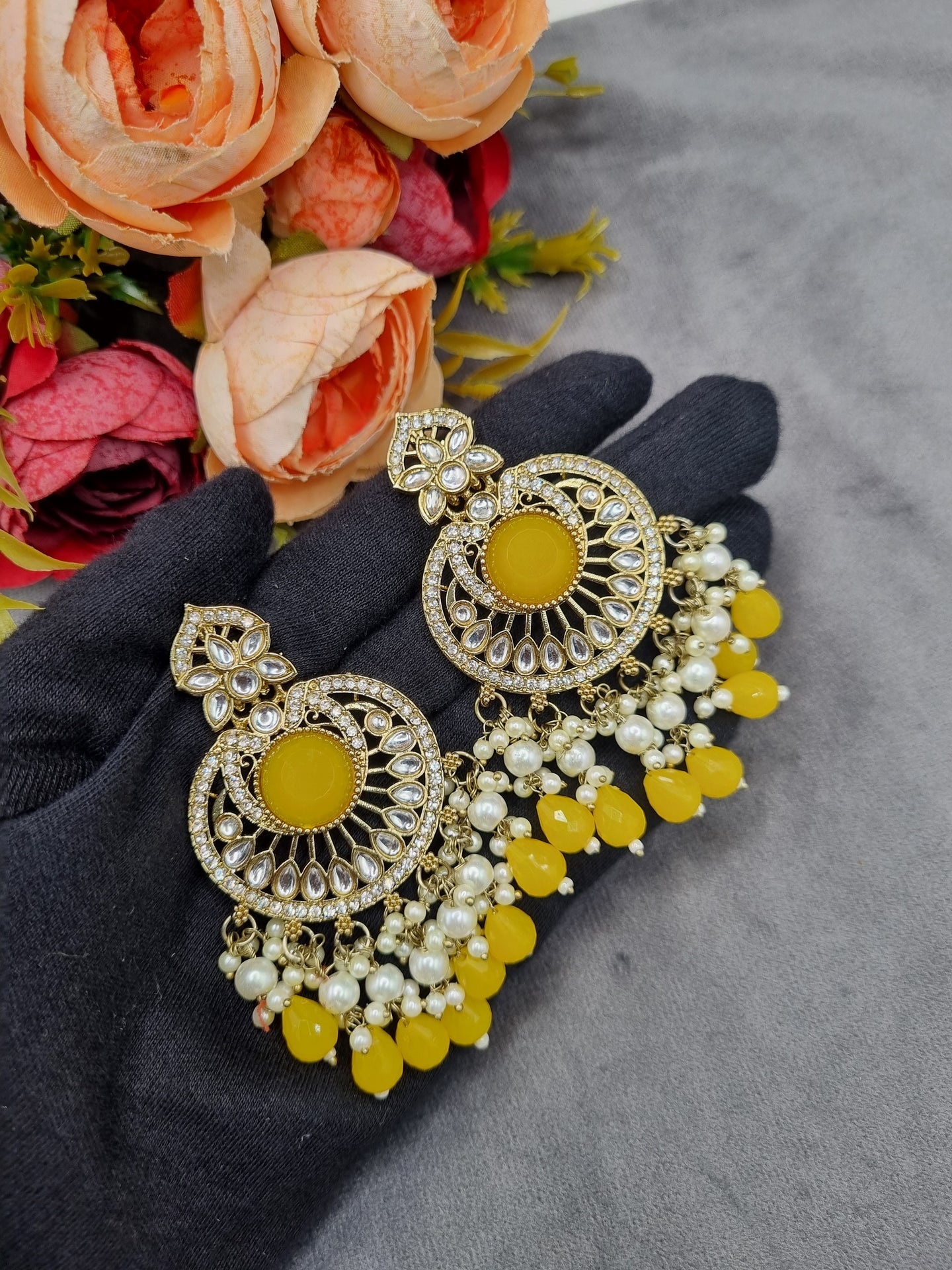 INTRICATE CHANDBALI DROP EARRINGS WITH BEAD CLUSTERS