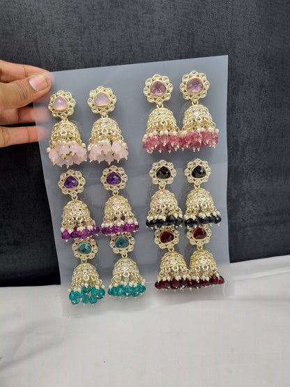 TIERED STONE-STUDDED JHUMKA STATEMENT EARRINGS  (PACK OF 12)