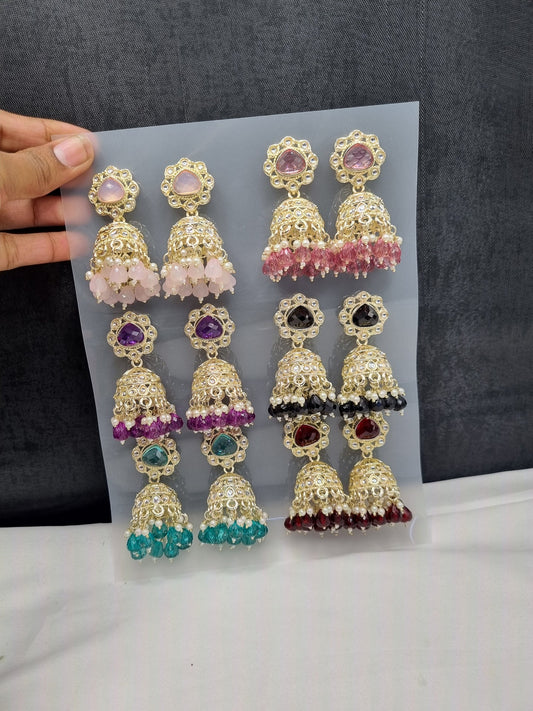 TIERED STONE-STUDDED JHUMKA STATEMENT EARRINGS  (PACK OF 12)