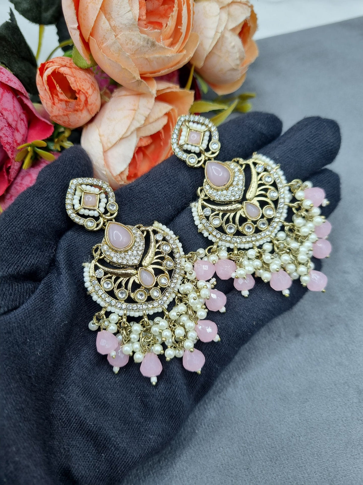 Statement Chandbali Earrings with Pearl & Bead Drops