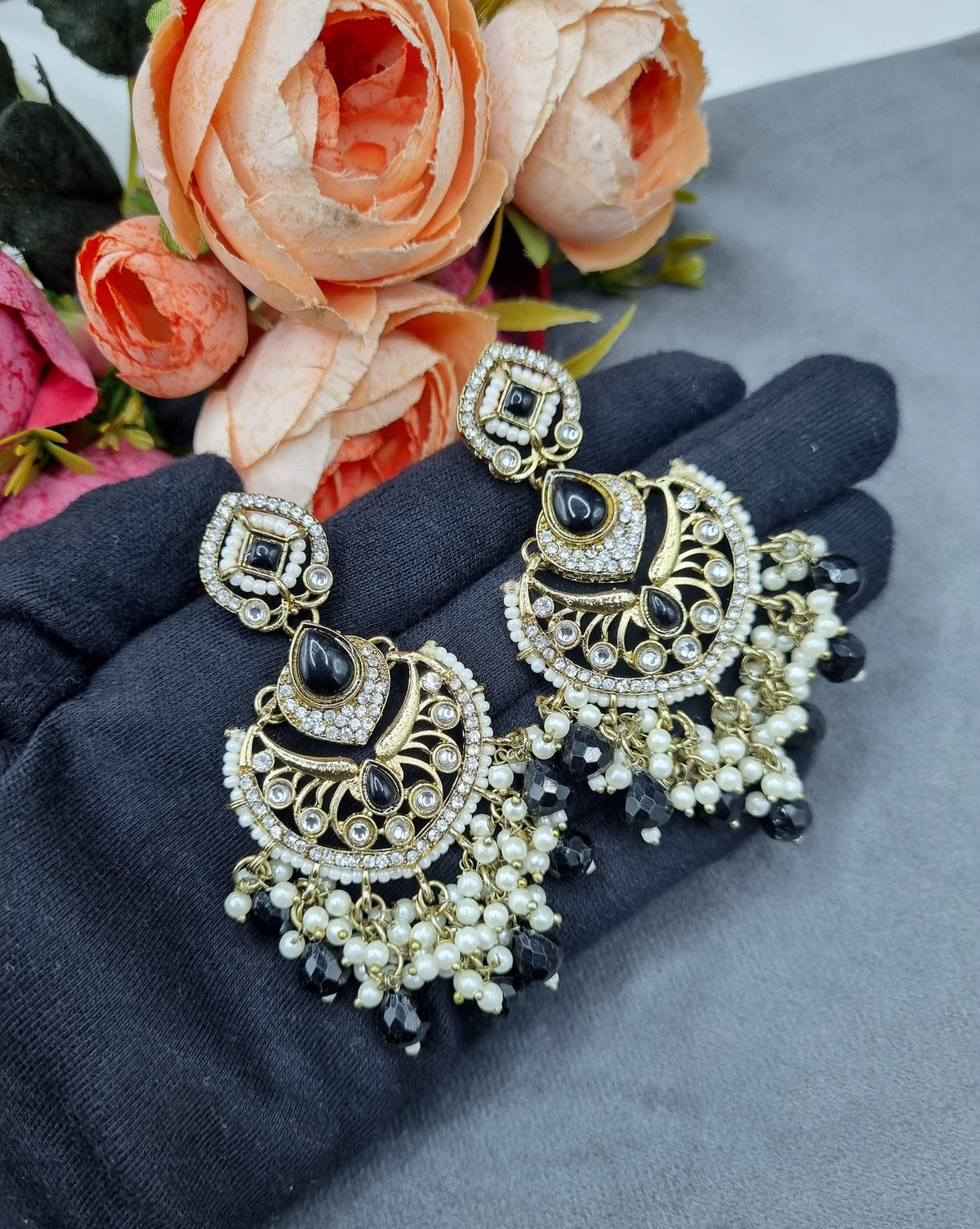 Statement Chandbali Earrings with Pearl & Bead Drops