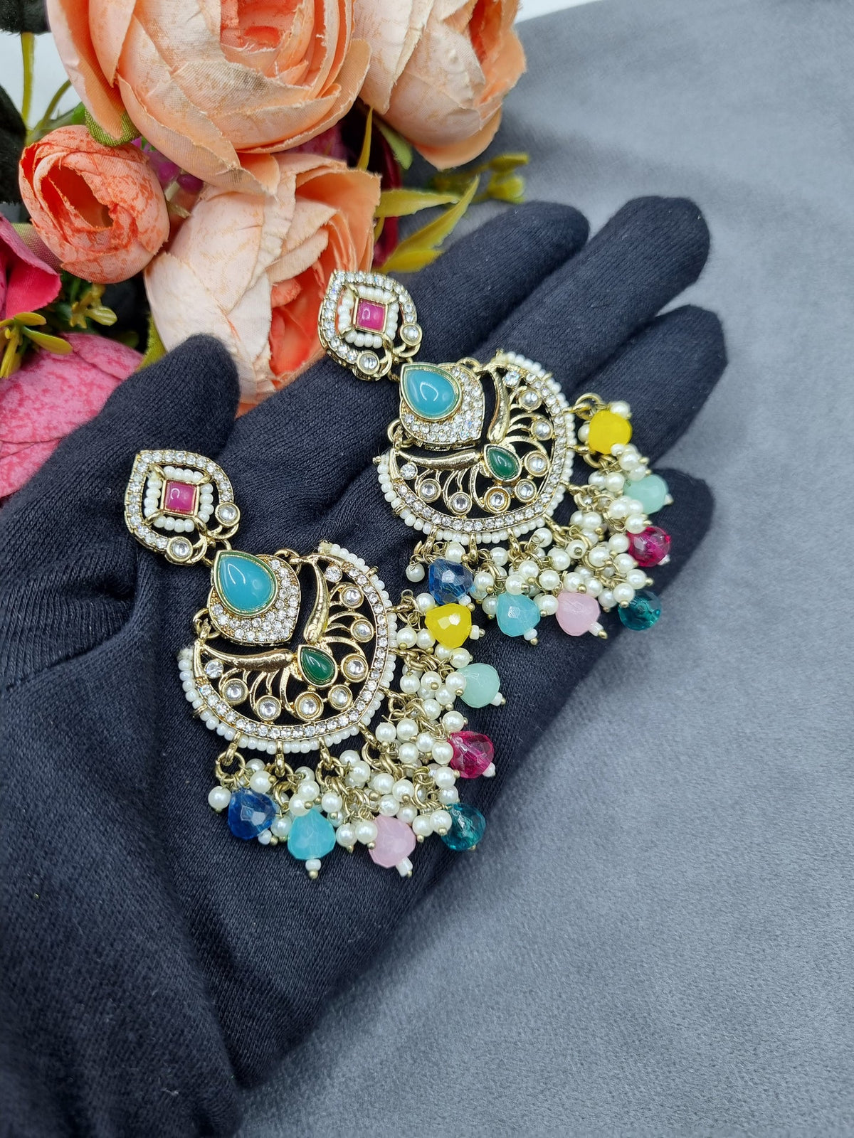 Statement Chandbali Earrings with Pearl & Bead Drops