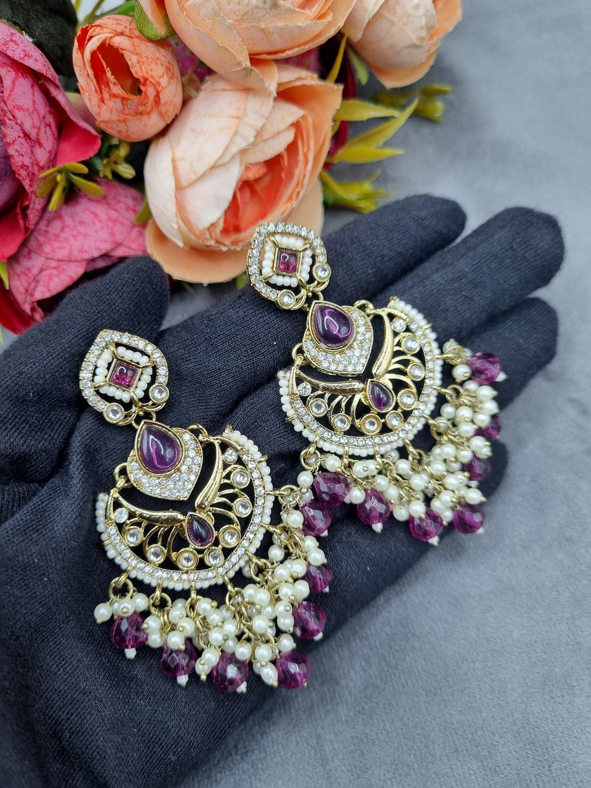 Statement Chandbali Earrings with Pearl & Bead Drops