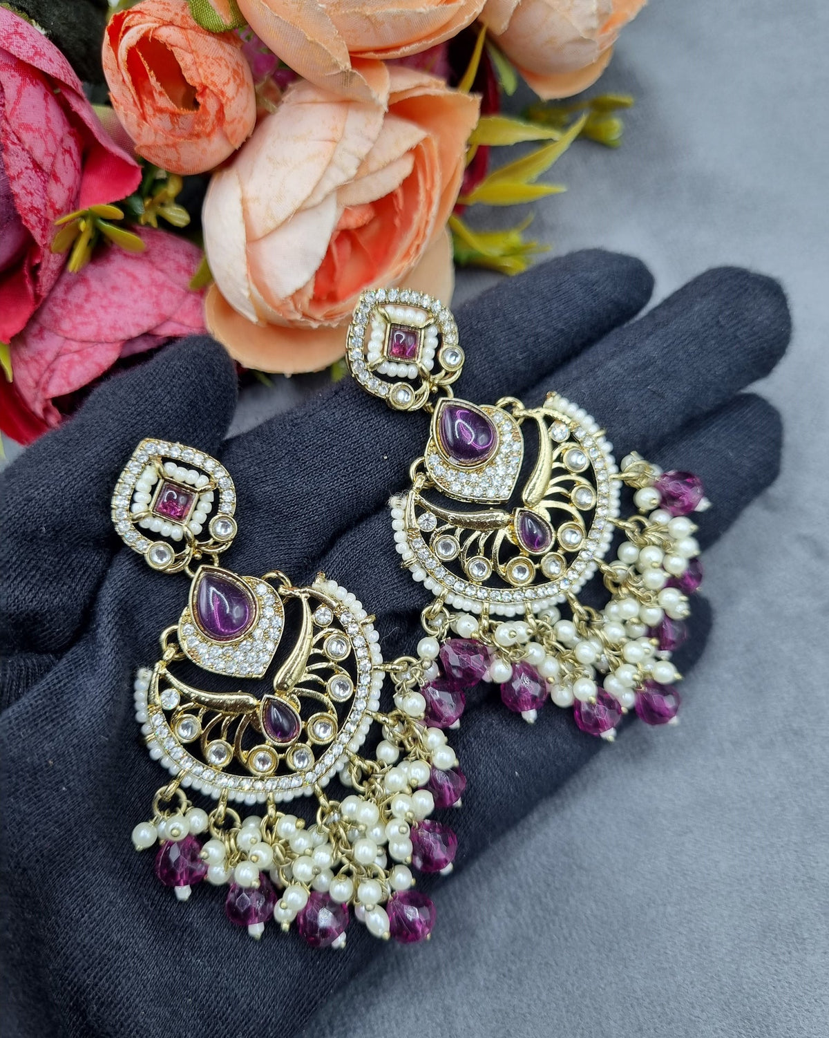 Statement Chandbali Earrings with Pearl & Bead Drops