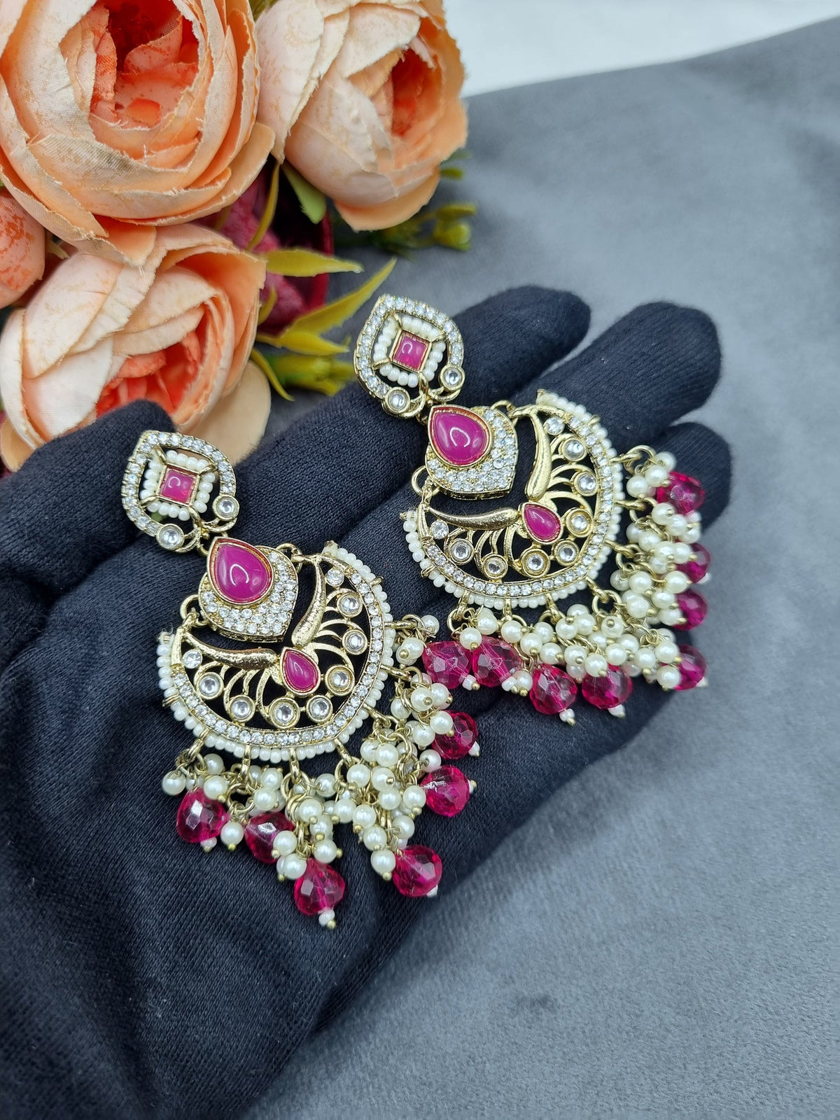 Statement Chandbali Earrings with Pearl & Bead Drops